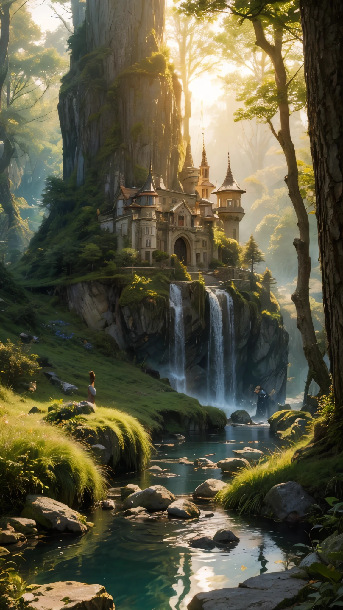 fairytale view with ornamented fantasy fairy garden in a wide steep valley with huge dramatic mountains in the distance,springtime,large ornamental lawns, very deep clear water natural pond, rocks plants flowers shrubs trees moss lawns grass animals,sunrise and strong sunbeams,very hazy,extreme details,photorealistic,4k,HD,beautiful,nature, dreamy, low shot,ground level photo