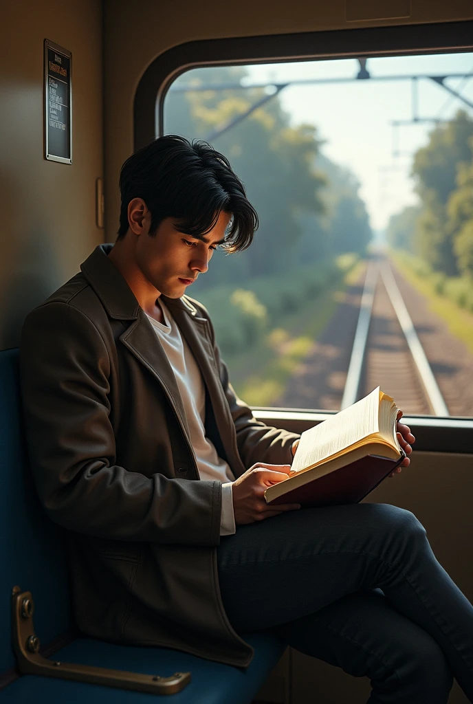 Young COLOMBIAN man 1 and Colombian characteristics, because he is Colombian and he is sitting alone on a train reading a book, where he and the destination indicator stand out, where the vanishing point is evident