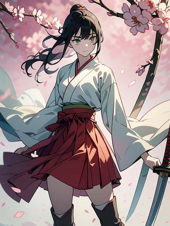 ((((masterpiece, Best Quality, Ultra-high resolution, Best illustrations)))), ((Portrait of a person standing against a white background)), (Very delicate and cute face, Sparkling Eyes), A beautiful 18-year-old shrine maiden girl named "Midori" is standing diagonally to the left alone., (((She is wearing a wooden sword at her waist.))), smile, Medium length black hair, Clean green eyes, Long red Hakama, long boots, 