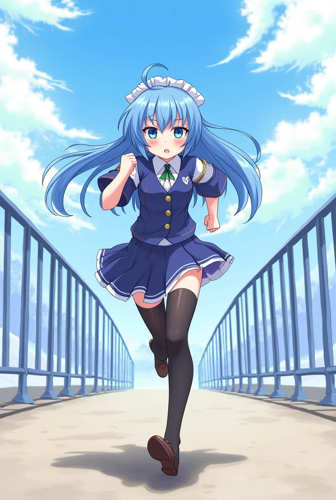 Wallpaper:anime style genshi impact has blue hair and blue eyes and is running with her uniform she is a woman
