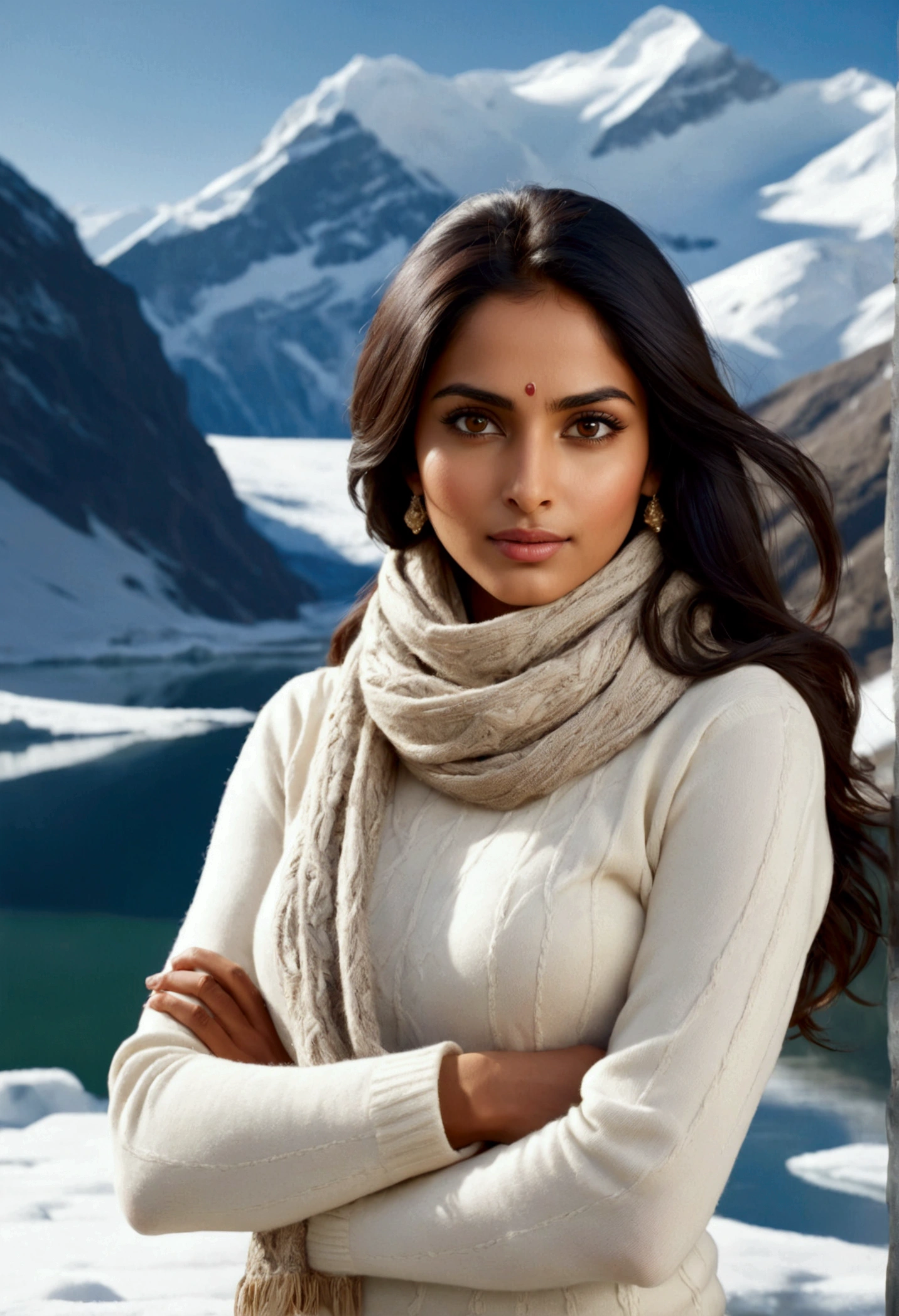 (Masterpiece, Top Quality, Best Quality, Beautiful and Aesthetic:1.2), Extremely Detailed, Photo of a indian woman, A shimmering glacial lake surrounded by snow-covered mountain peaks, tight white sweaters with a cozy scarf and boots, 1, Perfect Body, Perfect rare face, (very detailed skin), black colored long hair, Skin texture, Sharp focus on rare face, Perfect brown eyes, (Photorealistic), Film grain, name Samira,