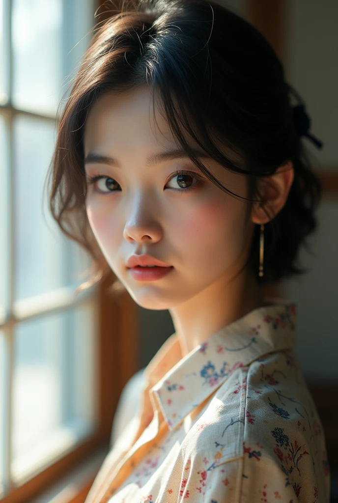 (highest quality, 8K, 32K, masterpiece, UHD:1.2),Photos of cute Japanese women, big breasts, very short bob hair,Upper body,face focus,extra large size_sweater, necklace, simple background, From above, looking at the viewer,