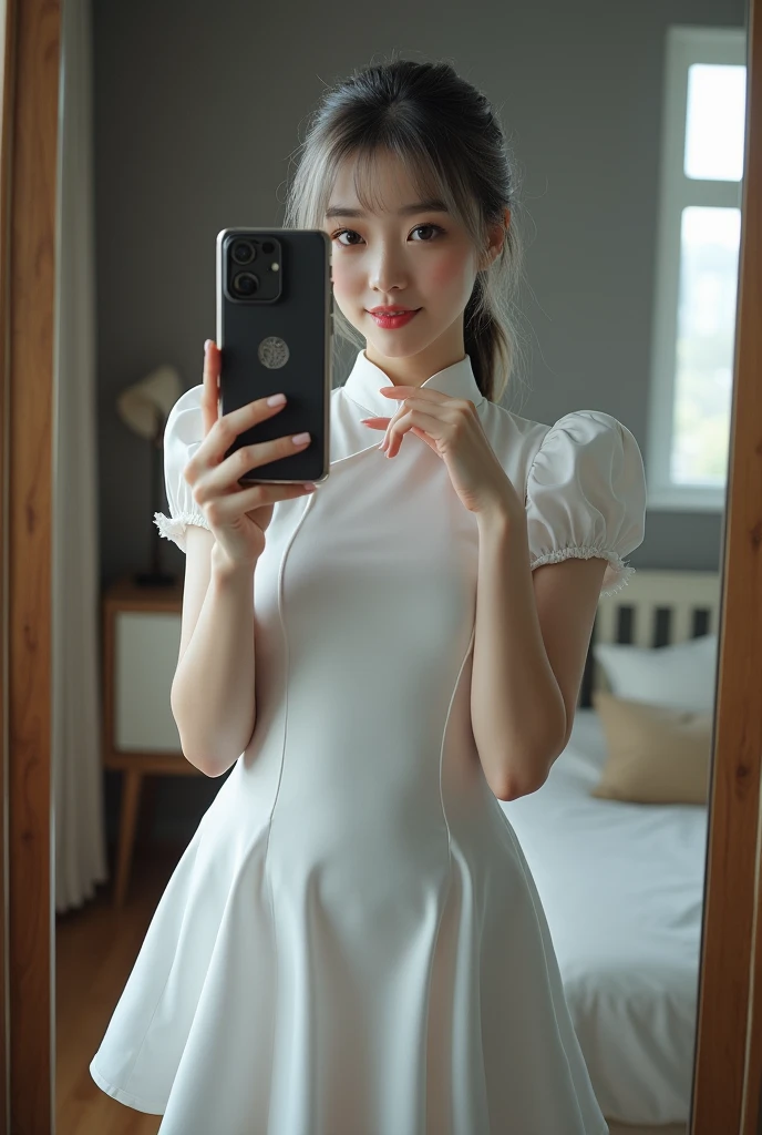 highly detailed, beautiful, hyper Realistic girl, masterpiece, best quality, Japanese sexy gravure woman, 28-years-old, identity hidden, all body shot, , takes a selfie in her room using a smartphone in front of a mirror with one hand, fashion model Posing, standing, looking away from the camera, /// gray arranged hair, light color eyes, Realistic skin, Detailed face, /// BREAK Cyber punk taste chinese dress, balloon Sleeves, white theme, mandarin collar, Circular silhouette skirt, gray, /// Monotone simple modern taste single room, mirror, complicated background
