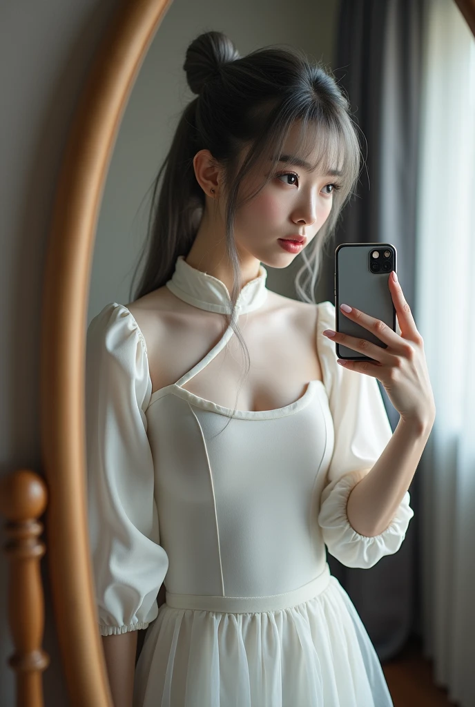 highly detailed, beautiful, hyper Realistic girl, masterpiece, best quality, Japanese sexy gravure woman, 1, identity hidden, takes a selfie in her room using a smartphone in front of a mirror with one hand, fashion model Posing, standing, looking away from the camera, /// gray arranged hair, light color eyes, Realistic skin, Detailed face, /// BREAK Cyber punk chinese dress, balloon Sleeves, white theme, mandarin collar, (intricate patchwork of latex and leather, triangular silhouette skirt, gray, /// Monotone simple modern taste single room, mirror, complicated background