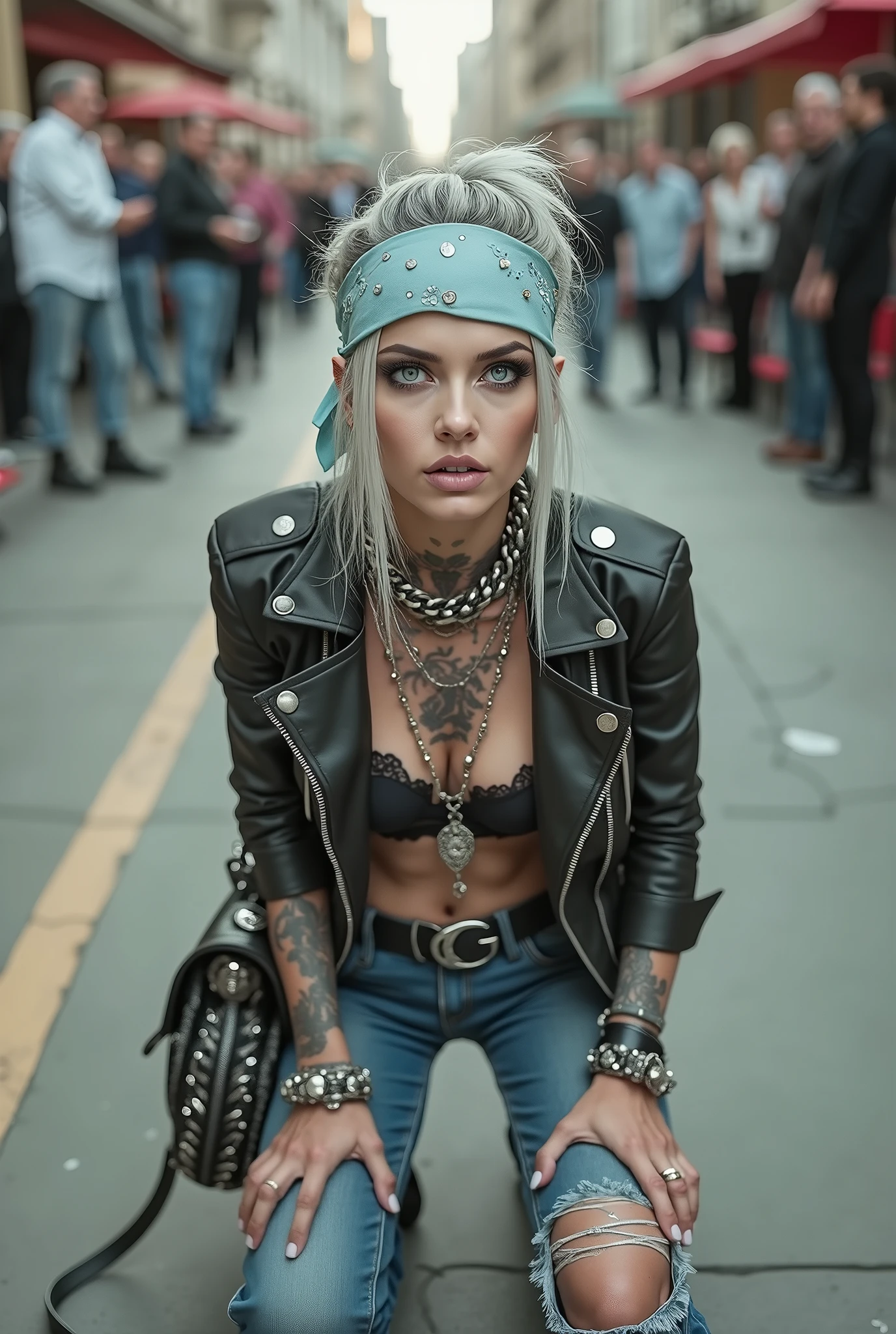 russian old milf woman, grey hair (straight, middle part) with very light blue eyes, extremely pale. Wearing cropped black moto jacket (with side zippers and badges), undersized black and white lace push up bra with white seams , dark skinny (stone washed) dark grey jeans (with white seams) and pointy silver Chelsea boots with cuban heels . Lots of metallic bracelets and collars. Tacky wide studded leather belt (with oversized skull and bones huge buckle). Long bohemian earrings. Kneeling like in a payer, looking at the camera, humble facial expression. Hands on her knees, showing off bracelets and rings. studded black leather tote bag with chains on the floor, next to her.. Listening in amazement to somebody speaking to her with tilted head, well toned abdominals, thin neck, slim legs and thin arms. Tattoed heavily. In a church: a snake around her neck as a collar