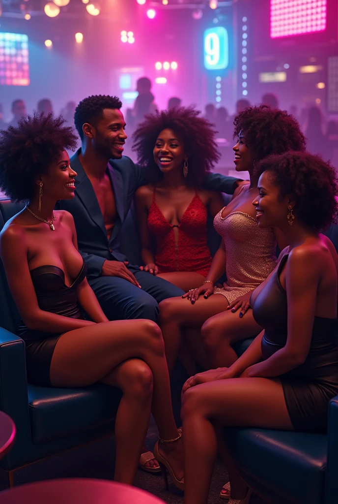 Generate an image of group of 5 dark black men and 5 black curvy women sitting on a chair and partying at a club and being flirty with the girls