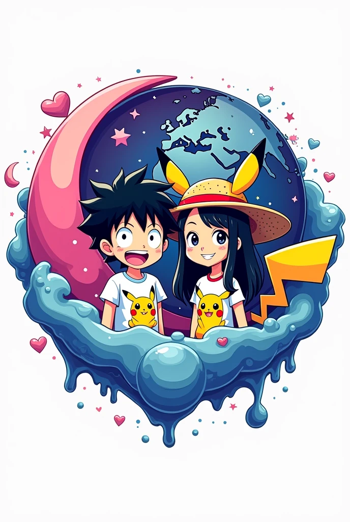 Un logo con el 🌎 de fondo, with stars, heart and a crescent moon (pink and purple colors), Here are some anime figures of a boy with black curly hair and a girl with long black hair wearing Pikachu shirts and ears or a straw hat. (Luffy de one piece), the name of Geek Planet in the middle of the logo (Vivid colors throughout the image) and the white background