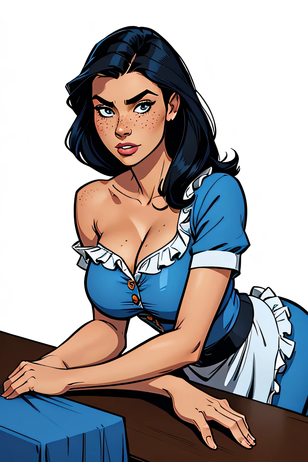 Thin woman, age 25, 4K (High definition), thoughtful, seducing gaze, eyes browns, wearing a blue dress with a boat neck (with buttons) and short sleeves (with white frills), arms positioned at the side of the body, pele caucasiana, straight shoulder-length black hair, upper body (slightly leaning forward, hands on a table), full of curves with freckles on her chest and neck, round breasts. High-quality Marvel style, white background.