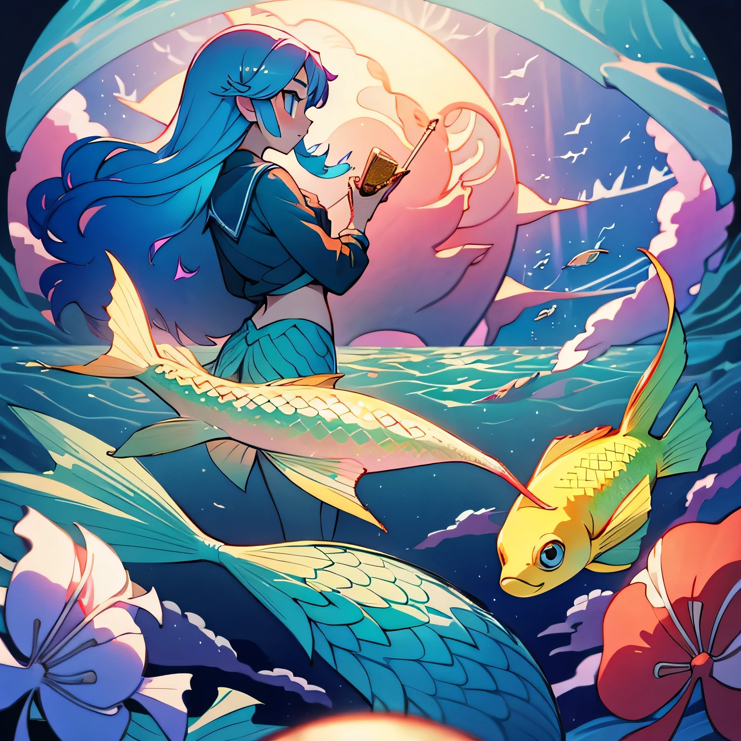 seabed、School of fish、mermaid、Nostalgic、Fisheye Lens、beautiful girl、prism、profile