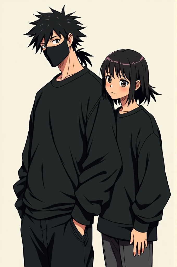 Create a two-character manga design, one with a mullet wearing a mask and a black sweatshirt, and one by your side