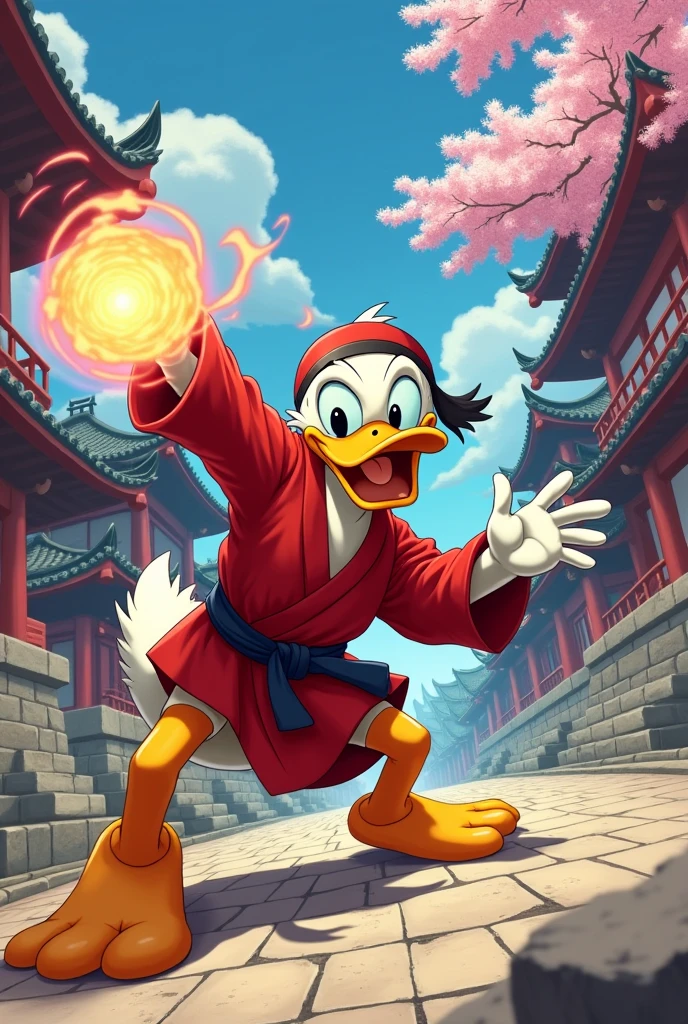 Donald Duck dressed as Ken performing the Hadouken against Ryu