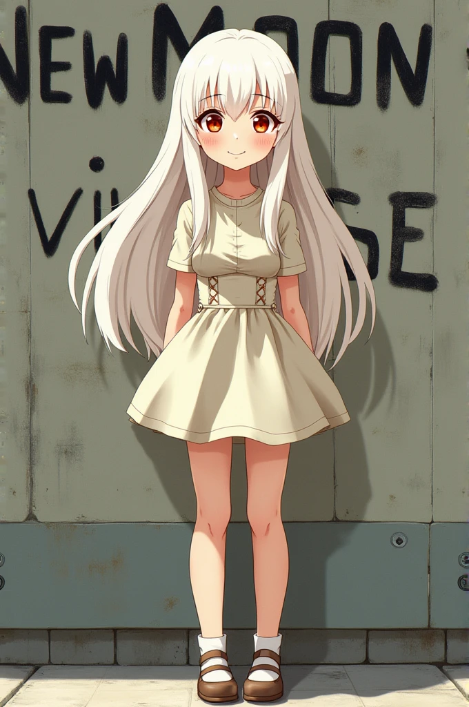 The image is Ghibli style, of a young woman of 2, who is albino and has long hair and red eyes.
She has a dress and sturdy legs and strong thighs.
His face looks smiling.
In the background of the image there is a wall that says in graffiti: New Moon Village.