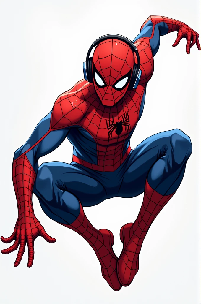 A Spiderman with headphones, a pose where you can see the physics