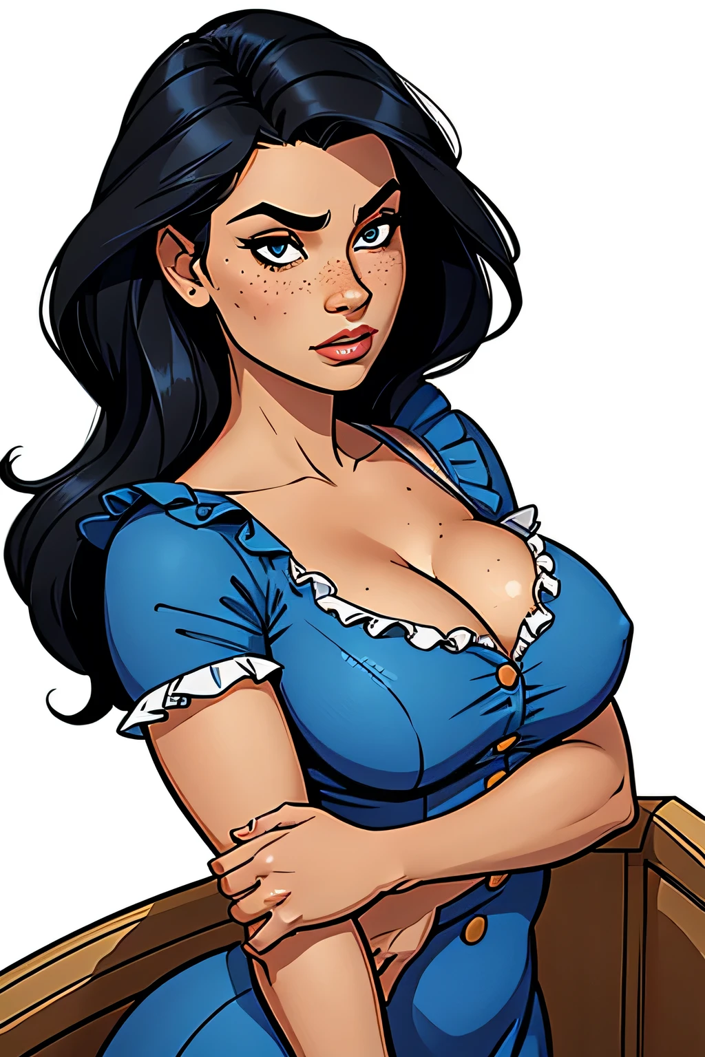 Thin woman, age 25, 4K (High definition), thoughtful, seducing gaze, eyes browns, wearing a long blue dress with a boat neckline (with buttons) and short sleeves (with white frills), arms positioned at the side of the body, pele caucasiana, straight shoulder-length black hair, upper body, full of curves with freckles on her chest and neck, round breasts. High-quality Marvel style, white background.