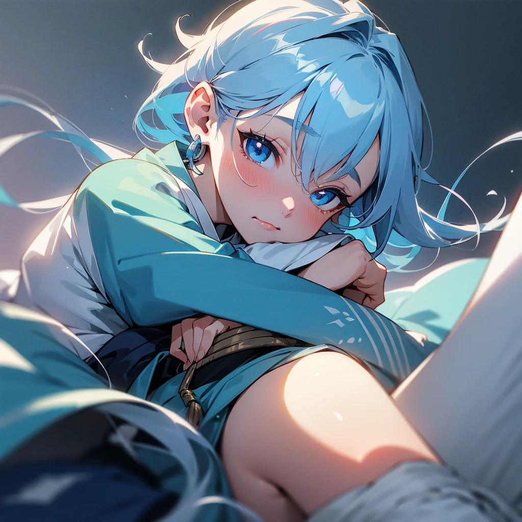 40 years old woman, japanese,hypdertailed, Hair with light blue highlights,breastsout, aretes, blushful, cloused mouth, blue colored eyes, pub