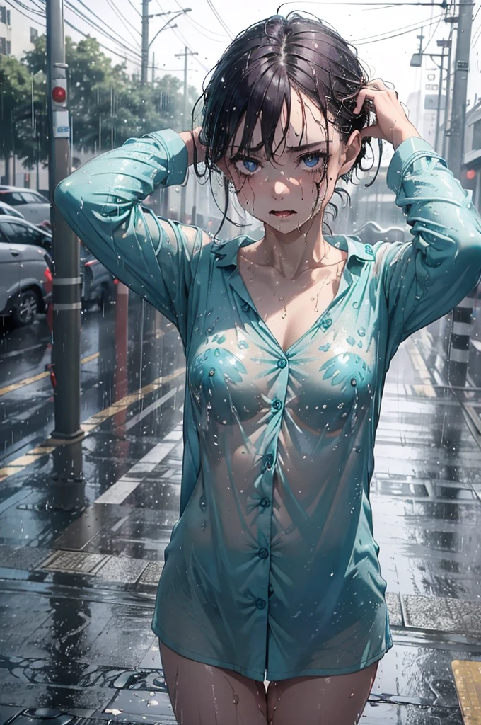 She is wearing absolutely nothing but her pyjama shirt, (her shirt is buttoned up), ((no panties)), ((Pyjamas are soaking wet)), ((Deep purple eyes, bright eyes, detailed eyes)), (((patterned pyjamas, soaking wet short hair, hair sticking to her face))), teal-coloured pyjama shirt, naked, raining heavily, pyjama top is soaking wet, her pyjama top is so wet it is sticking to her body, her eyes are purple and gorgeous, amazing purple eyes, growing purple eyes, dripping wet hair, no underwear, no pyjama bottoms, nighttime, very dark, midnight, pavement, short caramel-blonde hair, braless, no panties, bare legs, bare groin, wet breasts, small B-cup breasts, very wet, soaking wet, wet hair, wet clothes, buttoned up, sheer shirt, flushed cheeks, red cheeks, embarrassed, depressed, crying, tears, very sad, NSFW, teal pyjama top, deep teal, dark teal, View from above, close up, street light, amber light, dark scene, 