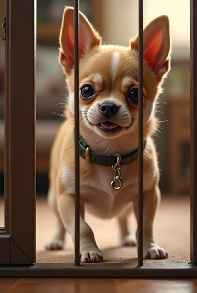 A white chihuahua dog tries to escape from its cage and in the background they are inside a house
