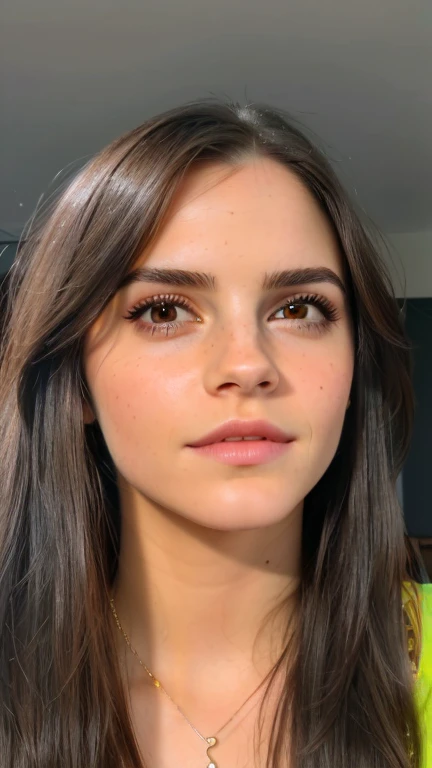 Face de Emma Watson, a close-up of a woman with long hair wearing a necklace, beautiful latin face, thick and straight eyebrows, beautiful and realistic face, extremely realistic face, accurate ultra realistic faces, beautiful hyperrealistic face, black hair and big eyes, natural straight eyebrows, Beautiful realistic face, ultra realistic face, black hair and brown eyes, beautiful and realistic faces, thick eyebrows