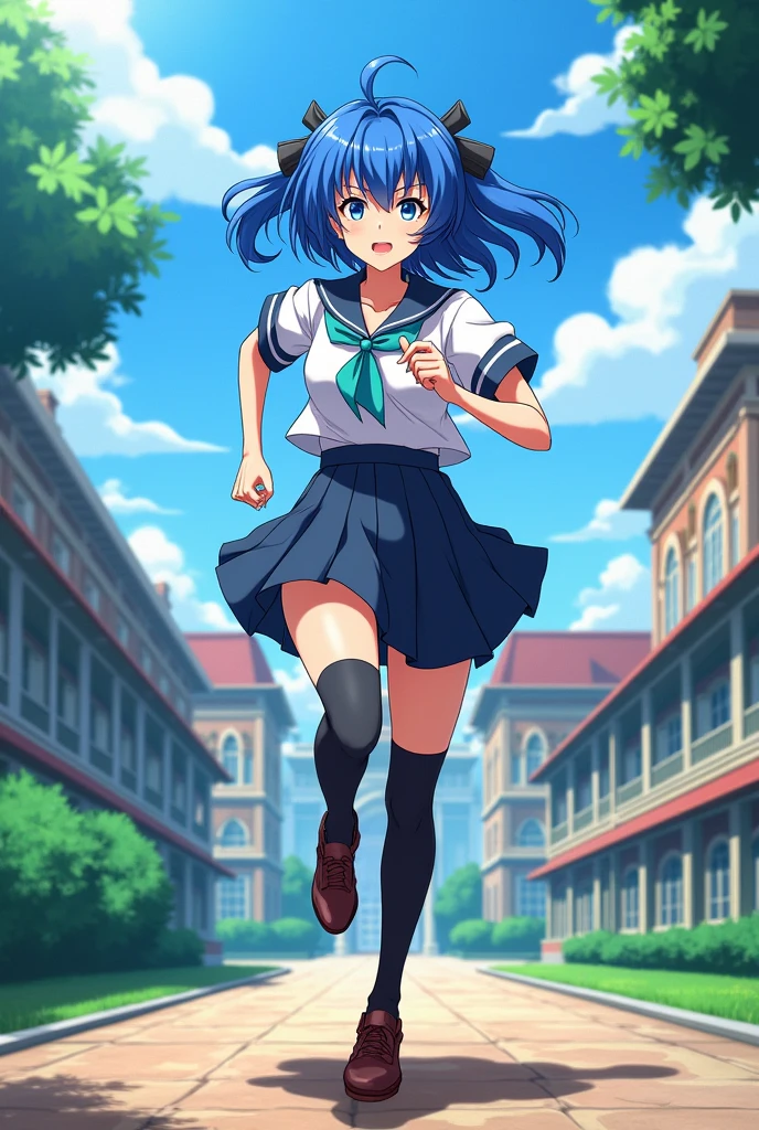 Wallpaper:anime style genshi impact has long blue hair blue eyes wears the school uniform and runs around school