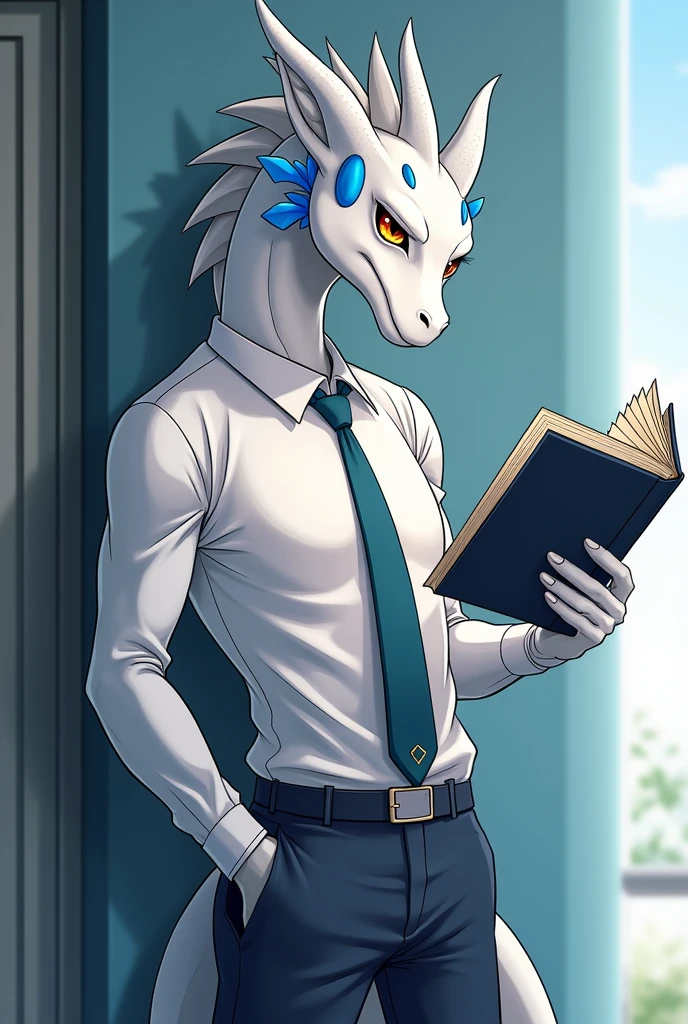 Male Dragon, white and gray, there is a blue oval shape on his cheek, ideal body, high school student, so OSIS, wear OSIS uniform, wear school pants, he reads a book while standing with one hand, his eyes glanced, , one more hand in the pocket, leaning against the wall, have one tail, graphic anime