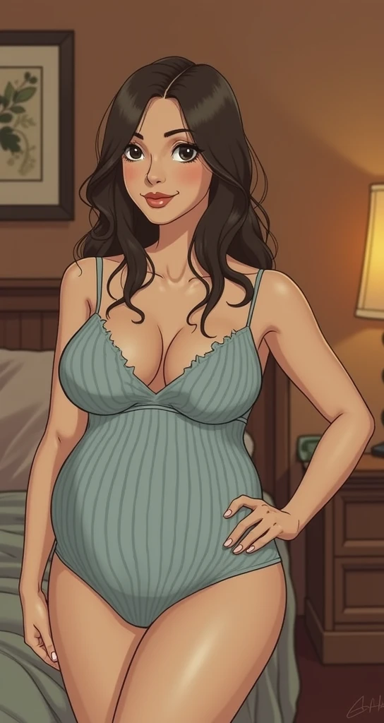 Realistic style, Very detailed, bedroom, semi naked, 25 years, big butt, super pregnant(((chubby girl, thick thighs, thick arms, big breasts))),((Intricate details on tight panties)),((Leaning forward,view from behind)),full body shot