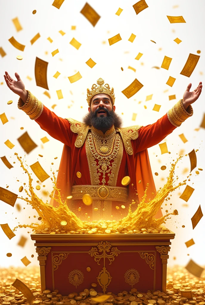 Splash bound wining tickets around and gold shahi Prince man art big box and coins splashing white background