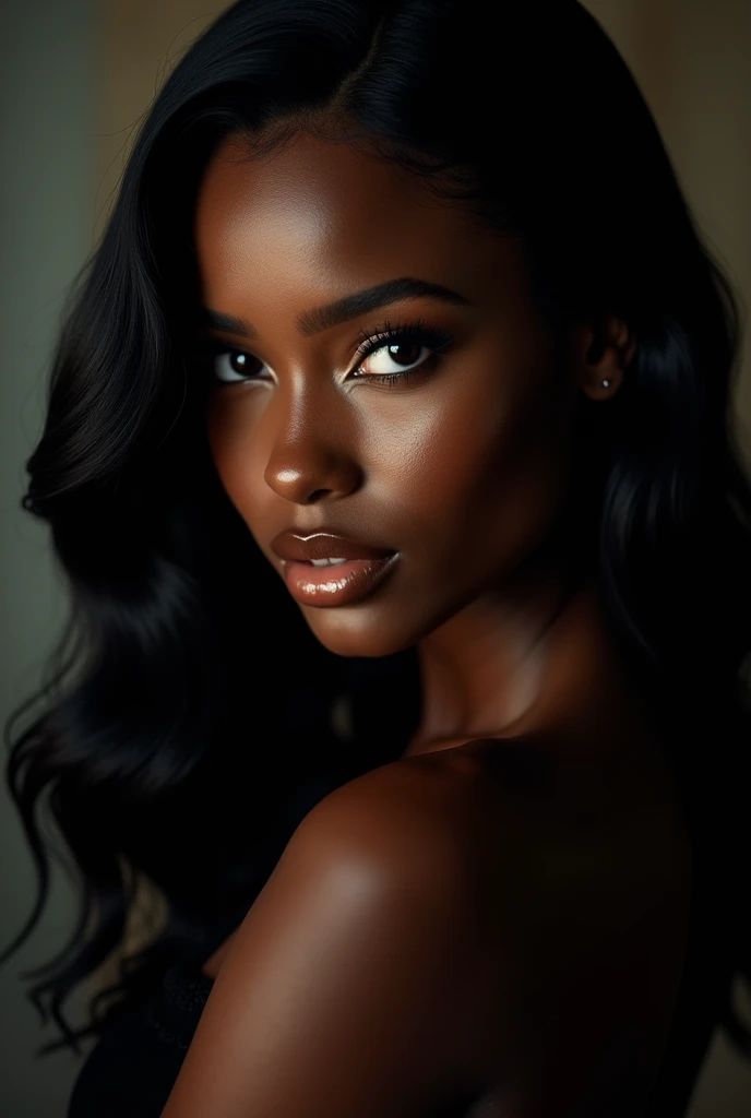 a beautiful black woman, 1girl, gorgeous, elegant, alluring, stunning, captivating, (best quality,4k,8k,highres,masterpiece:1.2),ultra-detailed,(realistic,photorealistic,photo-realistic:1.37),intricate details,chiaroscuro lighting,dramatic lighting,dramatic pose,dramatic expression,dramatic camera angle,dramatic background,cinematic,fashion photography,high fashion,vogue style,high-end editorial,glossy skin,flawless skin,strong jawline,sharp facial features,plump lips,full lips,long lashes,intense eyes,piercing eyes,flowing hair,luxurious hair,smooth skin,glowing skin