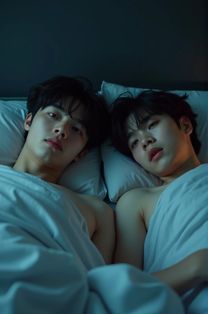 jungkook and jimin lying in bed with the blanket up to their belly button looking up scared