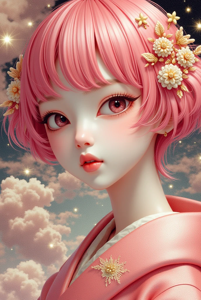 (traditional Japanese girl:1.3), beautiful detailed eyes, beautiful detailed lips, extremely detailed eyes and face, long eyelashes, upper body, from side, looking at viewer, (fractal art:1.3), (pink hair:1.2), water, liquid, cloud, colorful, starry, stars, (best quality, 4k, 8k, highres, masterpiece:1.2), ultra-detailed, (realistic, photorealistic, photo-realistic:1.37), vibrant colors, studio lighting, extremely detailed description, professional, concept art, surreal, 1920s french vibe, monochromatic gold and pink palette, in the style of french illustrator moebius, gold elements,