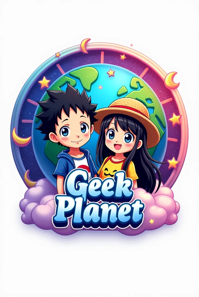 Un logo con el 🌎 de fondo, stars, heart and a crescent moon (pink and purple colors), Here are some anime figures of a boy with black curly hair and a girl with long black hair wearing Pikachu shirts and ears or a straw hat. (Luffy de one piece), the name of Geek Planet in the middle of the logo (Vivid colors throughout the image) and the white background