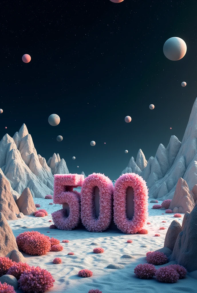 A shot of an otherworldly landscape filled with geometrical hills and rocks scattered around. The ground is filled with rocks and weird low flora. Floating geometrical 3D shapes levitating above ground ground all over. The word "500" made of mineral and is on the center of the scene emerging from the ground. It's night time and the sky is pitch black full of stars and planets very visible. Realistic, hyperrealism, high resolution, extreme details, extreme quality, volumetric lighting, sharp details, 4k hdr 