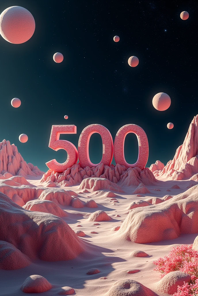 A shot of an otherworldly landscape filled with geometrical hills and rocks scattered around. The ground is filled with rocks and weird low flora. Floating geometrical 3D shapes levitating above ground ground all over. The word "500" made of mineral and is on the center of the scene emerging from the ground. It's night time and the sky is pitch black full of stars and planets very visible. Realistic, hyperrealism, high resolution, extreme details, extreme quality, volumetric lighting, sharp details, 4k hdr 