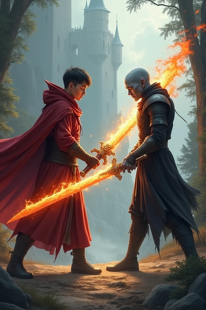 in a medieval world.
an 18 year old young man ,standing 6 feet tall ,weighing 65 kilos ,with very short hair.
Wearing a red outfit and a flaming sword.
Fighting an elf with gray skin ,wearing a black outfit and a sword