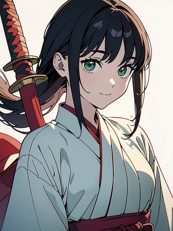 ((((masterpiece, Best Quality, Ultra-high resolution, Best illustrations)))), (((Portrait of a person standing against a white background))), (Very delicate and cute face, Sparkling Eyes), A beautiful 18-year-old shrine maiden girl named "Midori" is standing diagonally to the left alone., (((She is wearing a wooden sword at her waist.))), smile, Medium length black hair, Clean green eyes, Long red Hakama, long boots, 