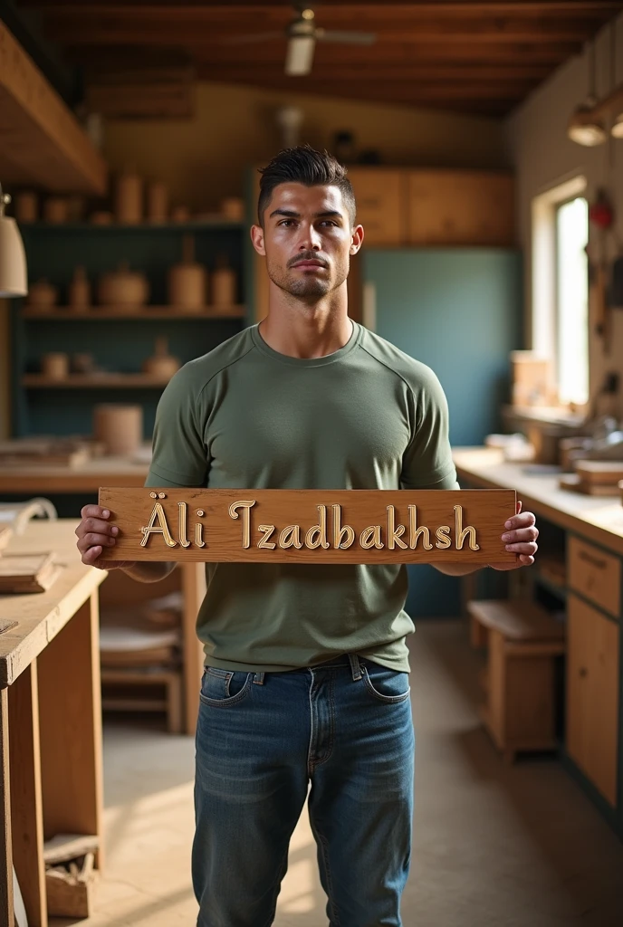 Ronaldo is in a beautiful carpentry workshop holding a banner in his hand. Warm daylight, written on the wood art banner, ali izadbakhsh