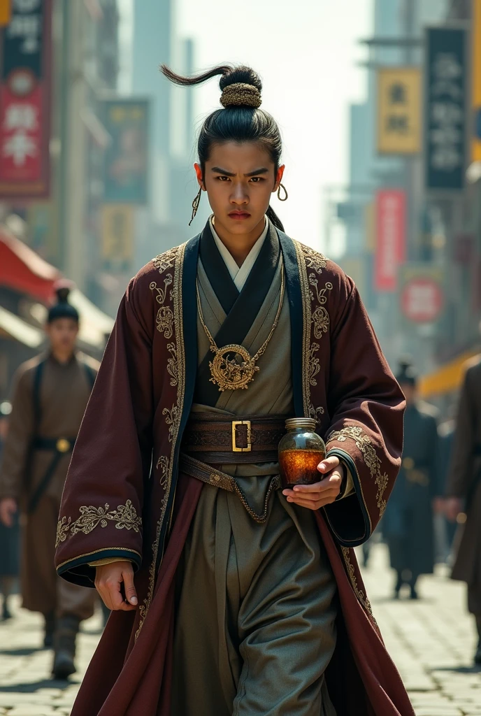 A young general of the Joseon era wandering backwards in his dirty and disheveled clothes through the streets of a city with a jar of wine in his hand