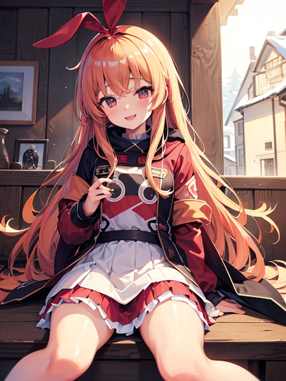 (Highest quality)、(masterpiece)、(Ultra-high resolution)、whole body、ager、Big smile、Strawberry Blonde Hair、Long Hair、mini skirt、Knee-high socks、Duffle coat、winterのマフラー、Town、winter、((It's snowing))、(The illuminations are decorated)、((Night view))