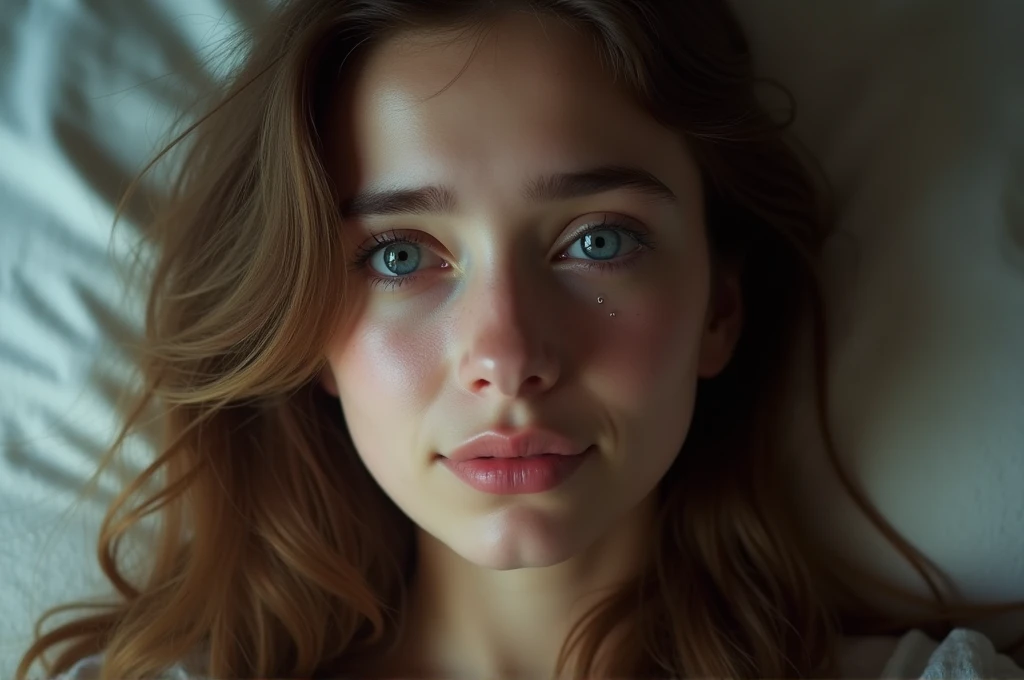 photograph, taken with a cell phone at a distance that shows the entire body, She is very young, At home in her bedroom, Normal nightwear, sad about a lost love, long brown hair, a softened ironic smile - tears in her eyes, contained excitement, soft lighting on her face, realistic textures of skin-clothes-hair, sky blue eyes-carpeted haze, beautiful real textures and delicate aesthetics, full body view, notable for natural feminine beauty, noise, 8k quality, RAW PHOTO, by professional photographer, rule of thirds, extremely detailed