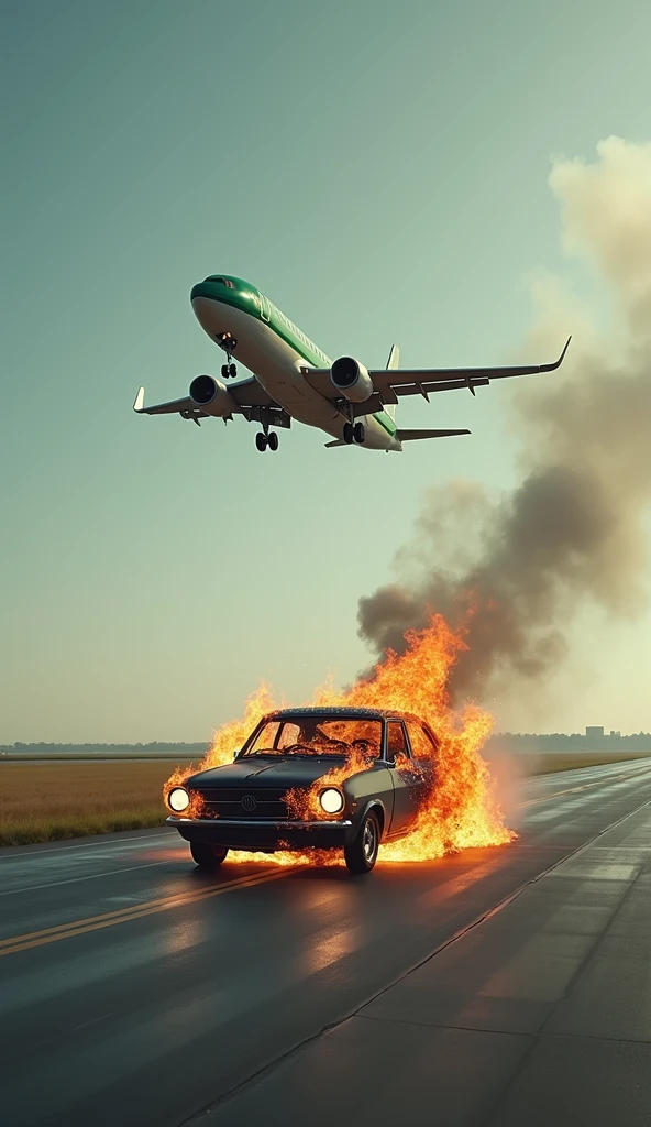 A burning car, shaped like a dog, is parked on the runway. In the background, a green and white plane has just taken off, rising into the sky and leaving a trail of smoke. The image highlights the contrast between the intense fire and the calm of the plane in motion.