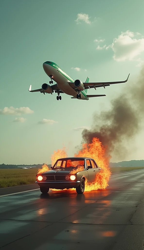 A burning car, shaped like a dog, is parked on the runway. In the background, a green and white plane has just taken off, rising into the sky and leaving a trail of smoke. The image highlights the contrast between the intense fire and the calm of the plane in motion.