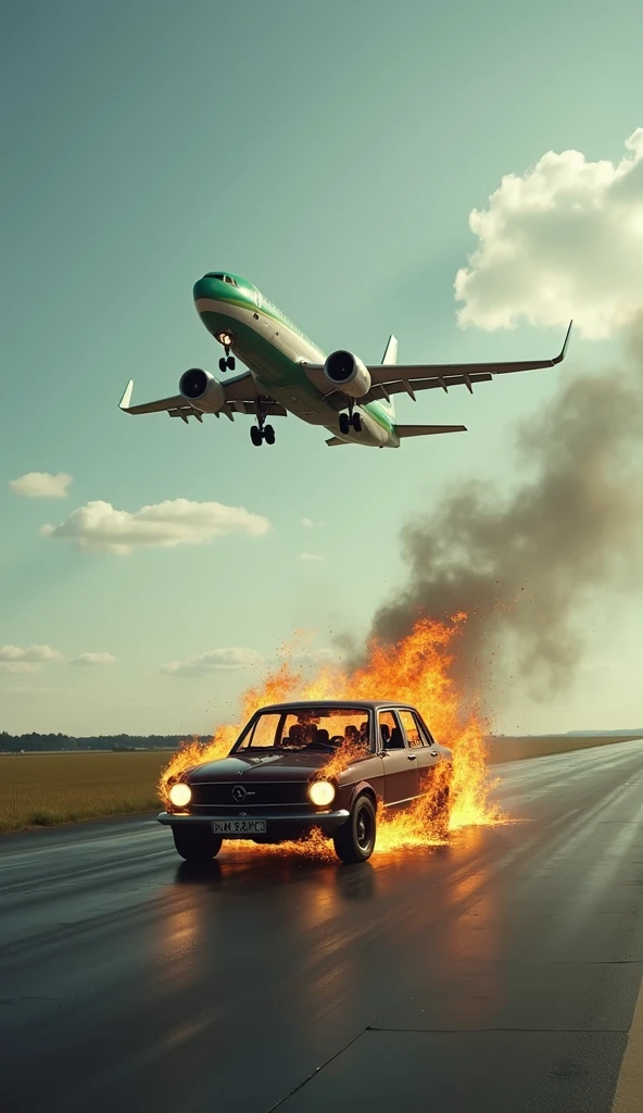 A burning car, shaped like a dog, is parked on the runway. In the background, a green and white plane has just taken off, rising into the sky and leaving a trail of smoke. The image highlights the contrast between the intense fire and the calm of the plane in motion.