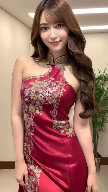 (Highest quality、8k、Award-winning works、Ultra-high resolution)、One beautiful woman、Wearing an ornately decorated Chinese dress, Burstingly Big Breasts, Slim and toned waist, Soft big ass, Smile at the audience:1.2),(blonde:1.1)、Bright color contacts、Perfect Makeup、Bright and shiny lipstick、(Very heavy makeup:1.2)、Beautiful bright eyeshadow、Heavy makeup around the eyes、very long wavy hair、(Romantic affection:1.1)、The best smile he had when he saw me、(Many of them emphasize the body line.:1.1)、(Strongly blurred vibrant Harajuku city background:1.1)、(Strongly blurred background:1.1)、Accurate anatomy、Ultra HD Hair、(Ultra-high resolutionの完璧な美しい歯:1.1)、Ultra-high definition beauty face、Ultra HD Hair、Ultra HD Shining Eyes、輝くUltra-high resolutionの美肌、Ultra-high resolutionの艶やかな唇,