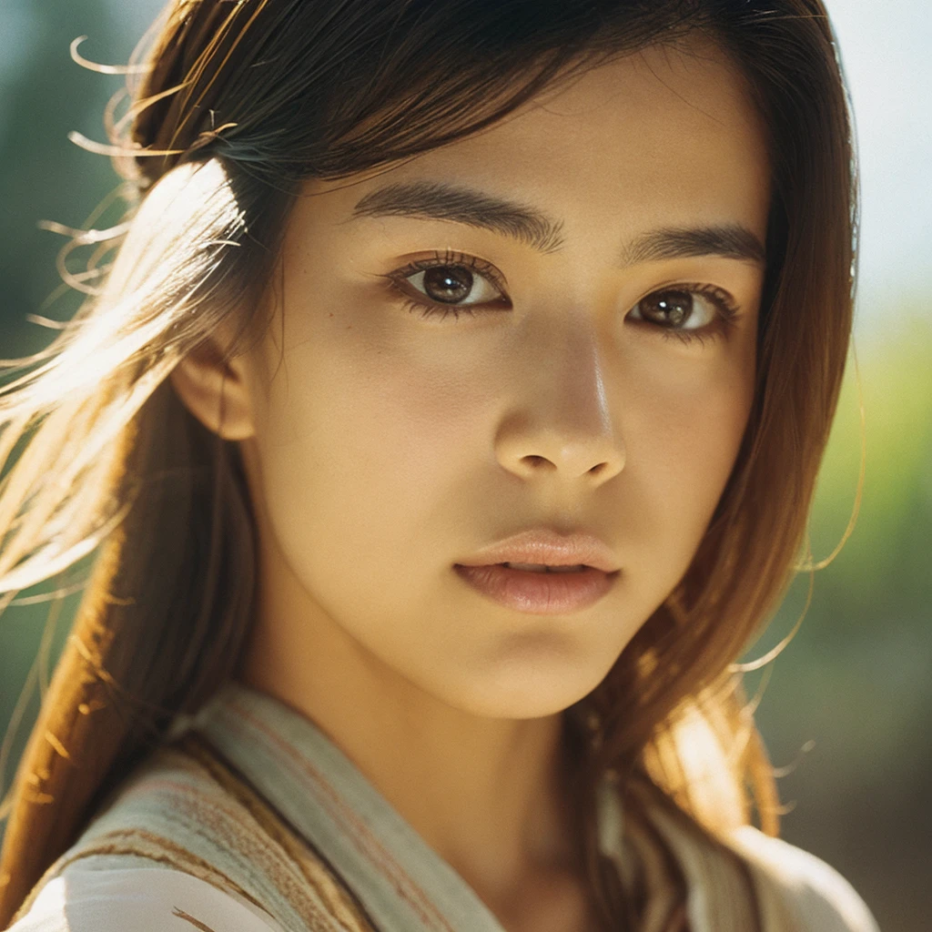 A hyper-realistic image of a single Japanese woman in her early 20s, captured with the nostalgic warmth and subtle graininess of a film camera. Her skin has a warm beige tone with a natural, slightly rough texture that includes visible pores, fine lines, and subtle imperfections such as small blemishes, adding to the authenticity of her appearance. The soft, diffused natural light enhances the film-like quality, casting gentle shadows that create a timeless, organic feel. Her straight, glossy black hair frames her face in a natural, slightly tousled manner, and her deep brown eyes reflect the ambient light, adding depth and emotion. The film camera effect introduces a slight grain and a softer focus, giving the image a warm, nostalgic atmosphere while maintaining the realistic texture of her skin. She is dressed simply, in a way that complements her natural beauty, with the overall composition designed to evoke a sense of genuine, understated elegance. The use of natural light, combined with the deliberately rougher texture of her skin and the film-like qualities, ensures that this image captures the imperfections that make her beauty truly lifelike, focusing solely on this one individual.