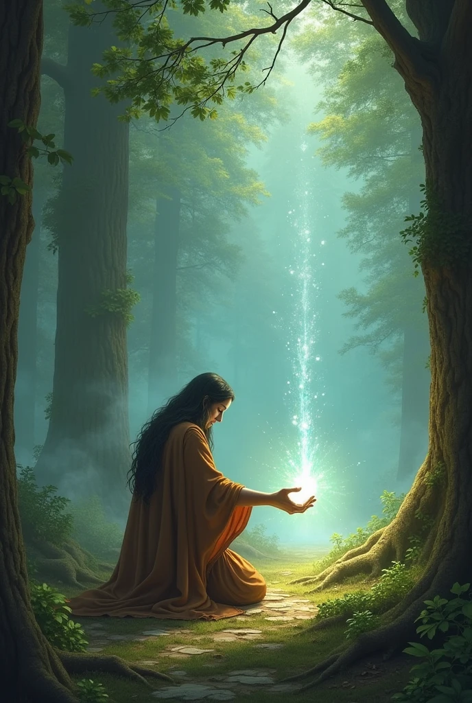 Un sacrifice dans la clairière : Un Gardien agenouillé dans la clairière, offrant un objet précieux ou une partie de son pouvoir à l'esprit protecteur. L'atmosphère est solennelle, avec des lumières douces et des couleurs surnaturelles illuminant la scène.