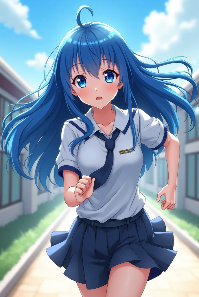 Wallpaper:anime style genshi impact has long blue hair and blue eyes and is running with her uniform is a woman in school