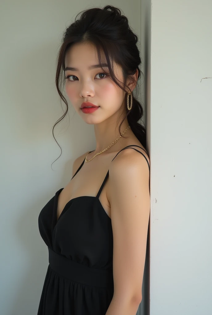 Highest quality、Photographed in natural light、Highly realistic photos、Detailed beautiful face、Large Breasts、Japanese women、profile、One person、30-year-old female、Summer clothes、Black dress、Upstyle Hair、Don&#39;t look at the camera、indoor、In front of a white wall、Big Breasts,Chain earrings、whole body、Glossy lips