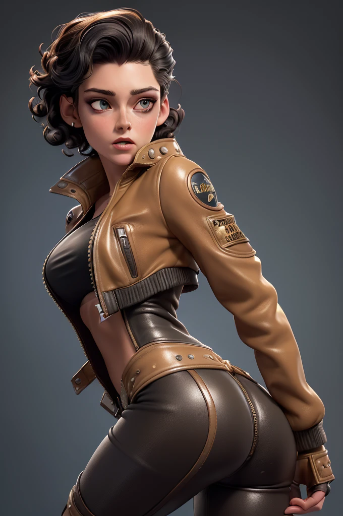 obra prima, melhor qualidade, ((only one woman,)) ((kristen stewart, dark tan skin, short black curly hair, heavy makeup eye shadow, mouth open,)) (((wearing thigh length bubblegum distressed leather jacket,))) (((jacket is zipped up, jacket covers waist and ass,))) ((jacket has stiff high collar,)) ((gold pvc gloves,)) body is very skinny, standing up, (((arched back, shoulders leaning way back, hips twisting, head tilted way back, chin up,))) ((camera back view, extreme closeup view of upper body,)) shallow depth of field, highres, HD, 8k, anatomically correct