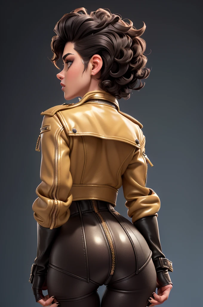 obra prima, melhor qualidade, ((only one woman,)) ((kristen stewart, dark tan skin, short black curly hair, heavy makeup eye shadow, mouth open,)) (((wearing thigh length bubblegum distressed leather jacket,))) (((jacket is zipped up, jacket covers waist and ass,))) ((jacket has stiff high collar,)) ((gold pvc gloves,)) body is very skinny, standing up, (((arched back, shoulders leaning way back, hips twisting, head tilted way back, chin up,))) ((camera back view, extreme closeup view of upper body,)) shallow depth of field, highres, HD, 8k, anatomically correct