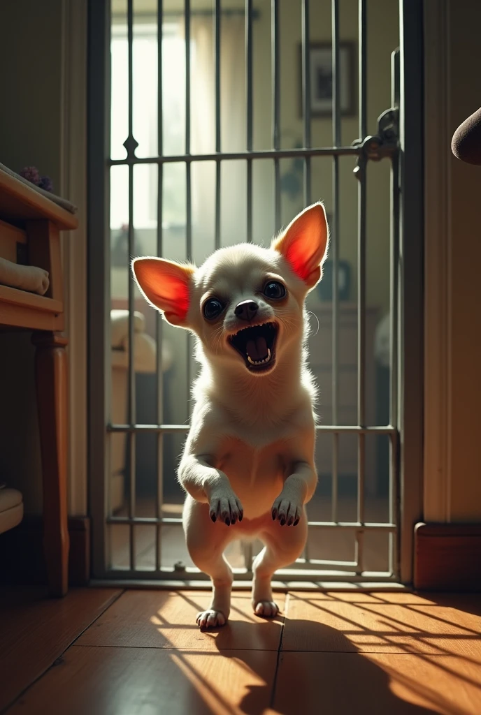 A scared white chihuahua dog tries to escape from its cage and in the background they are inside a house