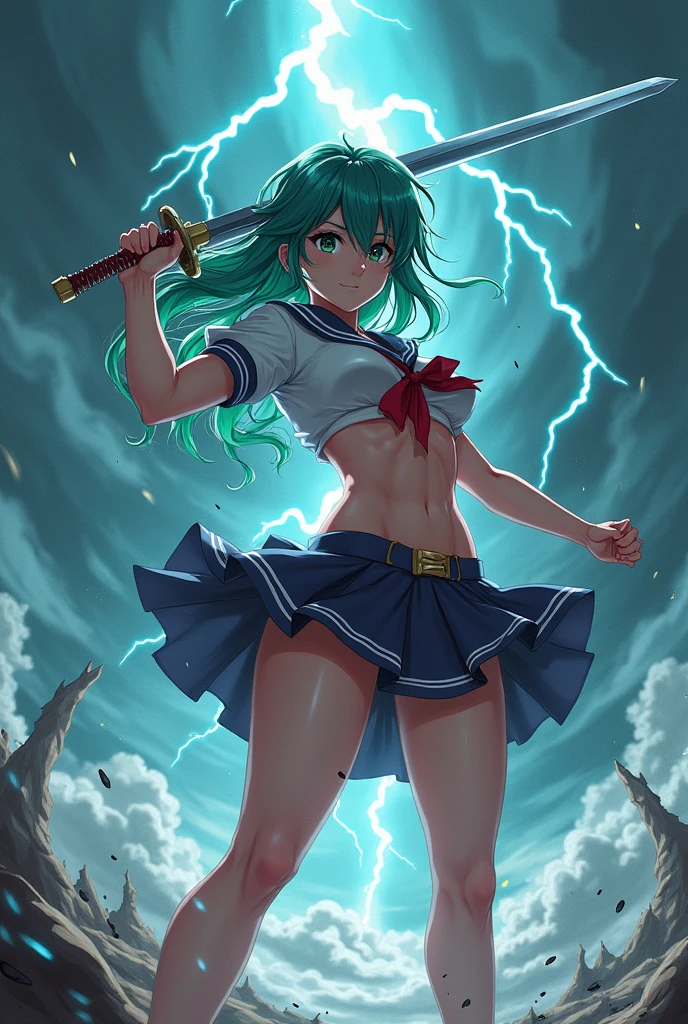 anime, adult woman, (((japanese schoolgirl uniform))), ((underboob)), (((skirt lifted by a draft revealing transparent pantie with cameltoe))), big breasts, swirl of air all around her, sword in one hand, storm decor, fighting pose, green hair, camera angle low angle view from below, Correct anatomy, 5 fingered hands